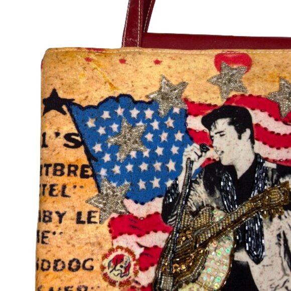 Ashley‎ M Women Embellished Patriotic Elvis Print Handbag Multicolor Beaded Flag - Picture 4 of 16